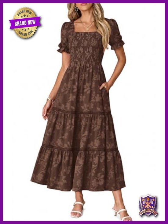 Dresses & Skirts - Boho Floral Maxi Dress Square Neck Smocked Ruffle A-Line Wedding Guest